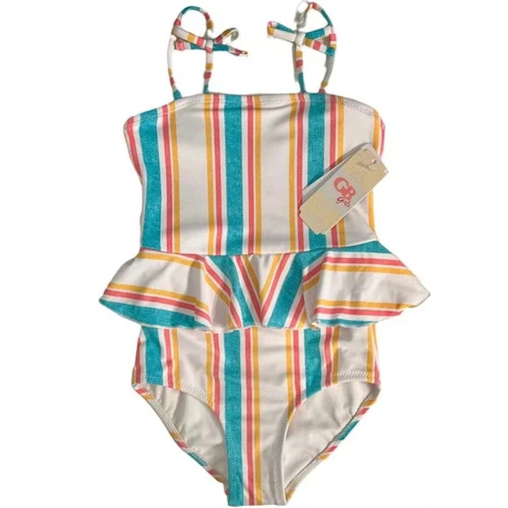 GB GIRLS KIDS Blue Pink Yellow Stripe One Piece Swimming Suit – Girls 14